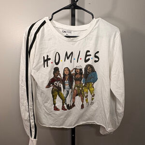 Women's ON FIRE‎ Long Sleeve Tee XL White Black Homies Graphic